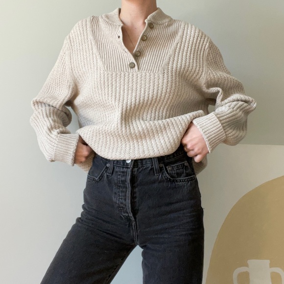 Vintage Eddie Bauer Cream Cotton Henley Sweater - Picture 2 of 4